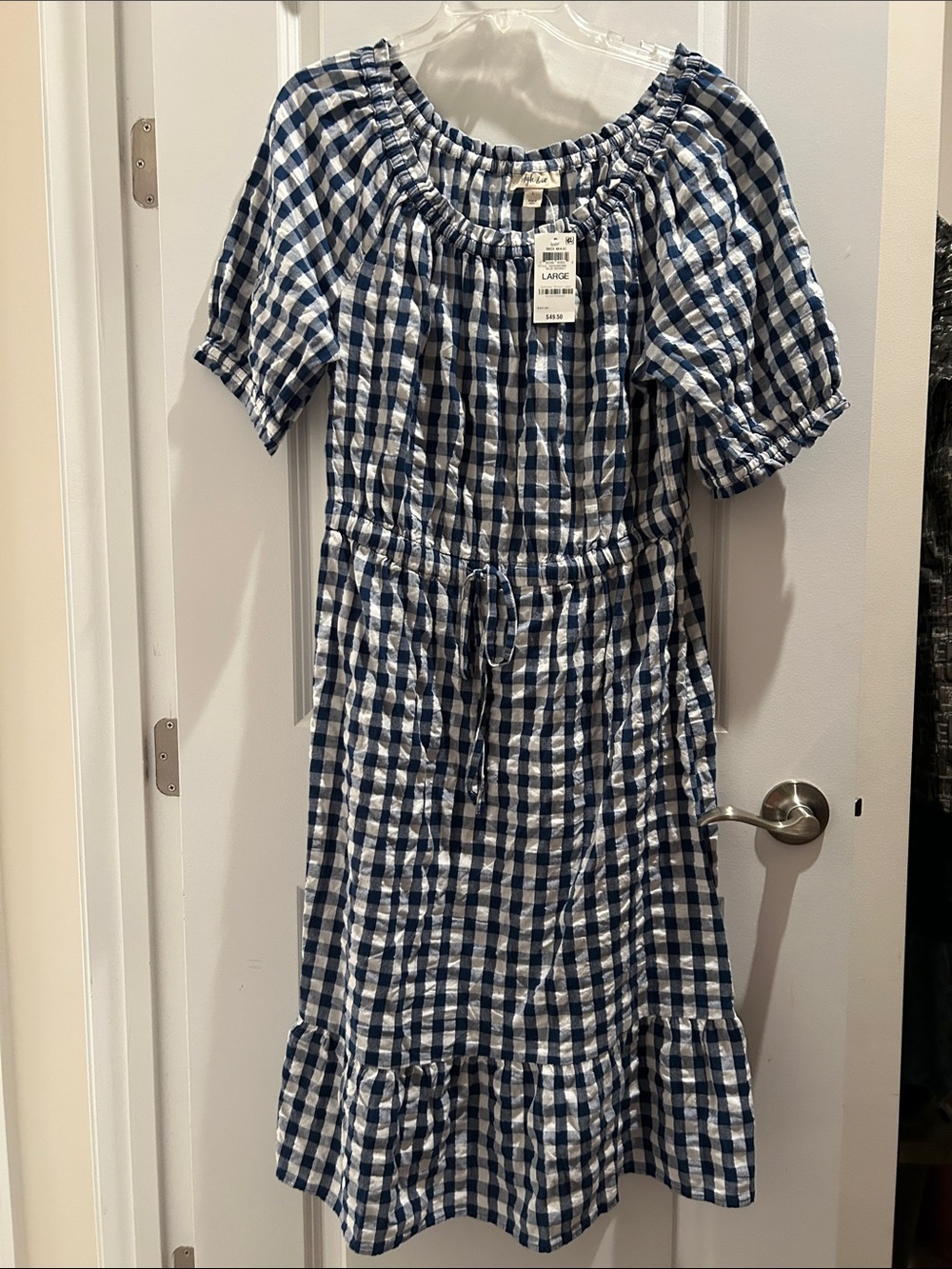 Style & Co Navy and White Gingham Off-Shoulder Midi Dress